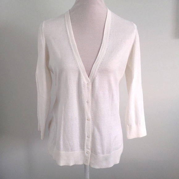 LOFT V Neck Lightweight Knit Cardigan Sweater Cream size Medium - Picture 2 of 11